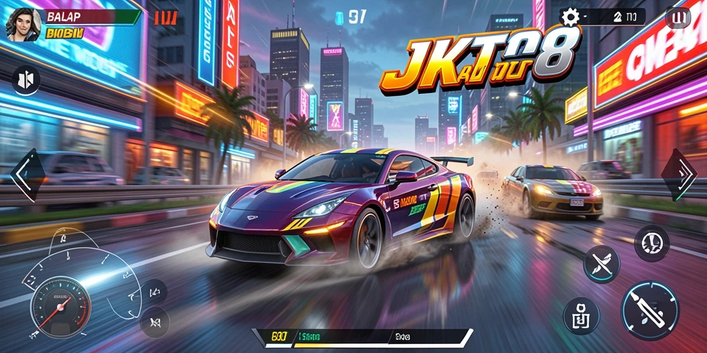 Tampilan antarmuka JKT8 saat balapan mobil yang seru.